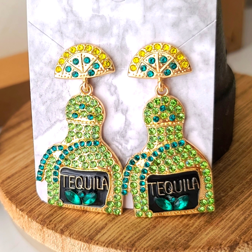 "Blingy Black-out" Bedazzled Tequila Bottle Earrings NEW